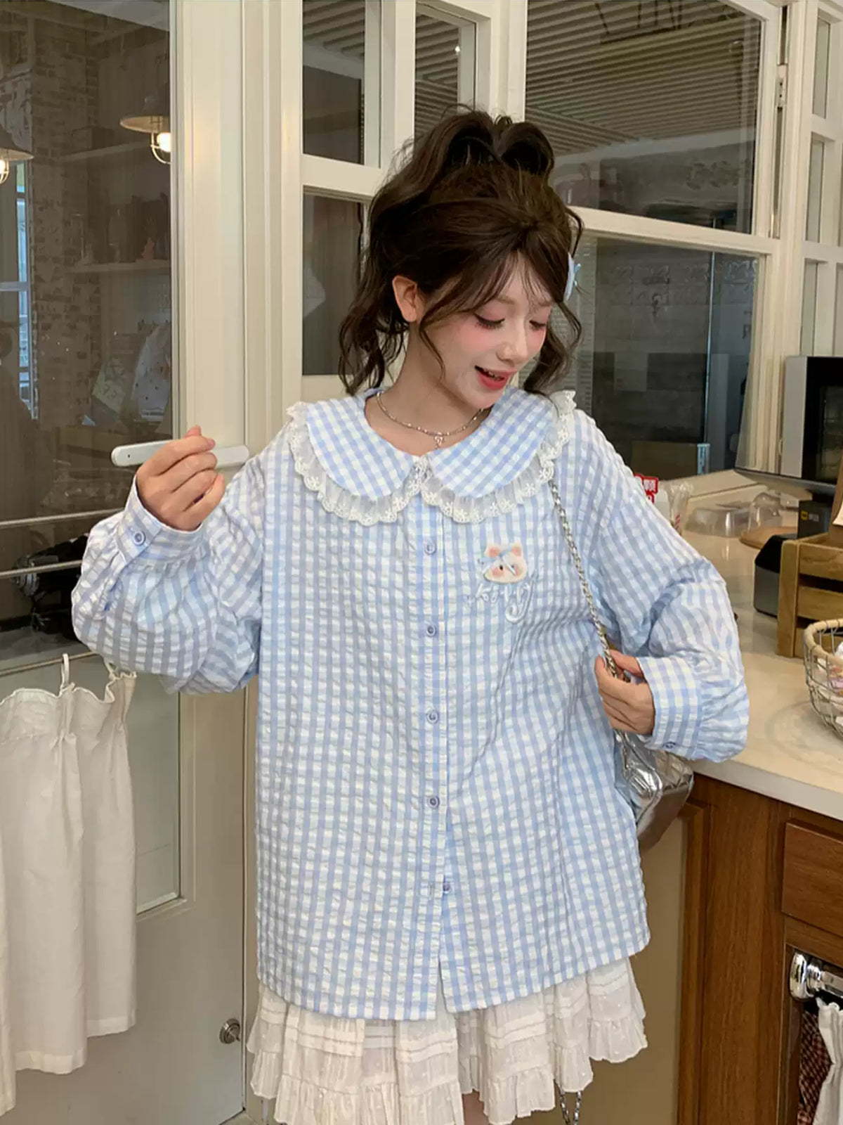 Cloud Kitten Check Doll Shirt-Tops-ntbhshop