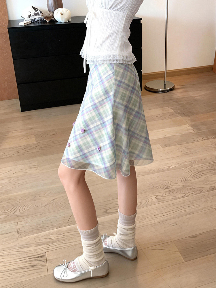 Mint Clover Plaid Skirt-Bottoms-ntbhshop
