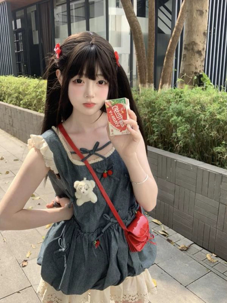 Cherry Pop Princess Denim Blouse & Snowlace Skirt Set-ntbhshop