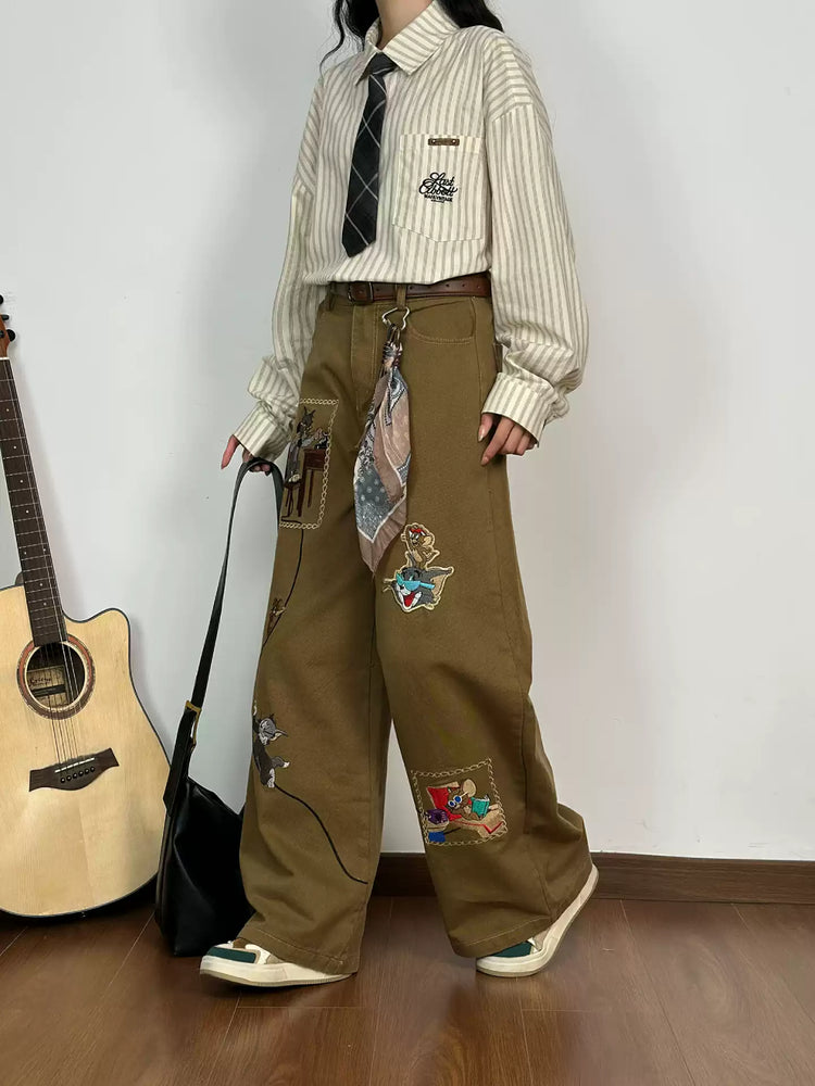 Library Cat Story Wide Leg Pants-Bottoms-ntbhshop