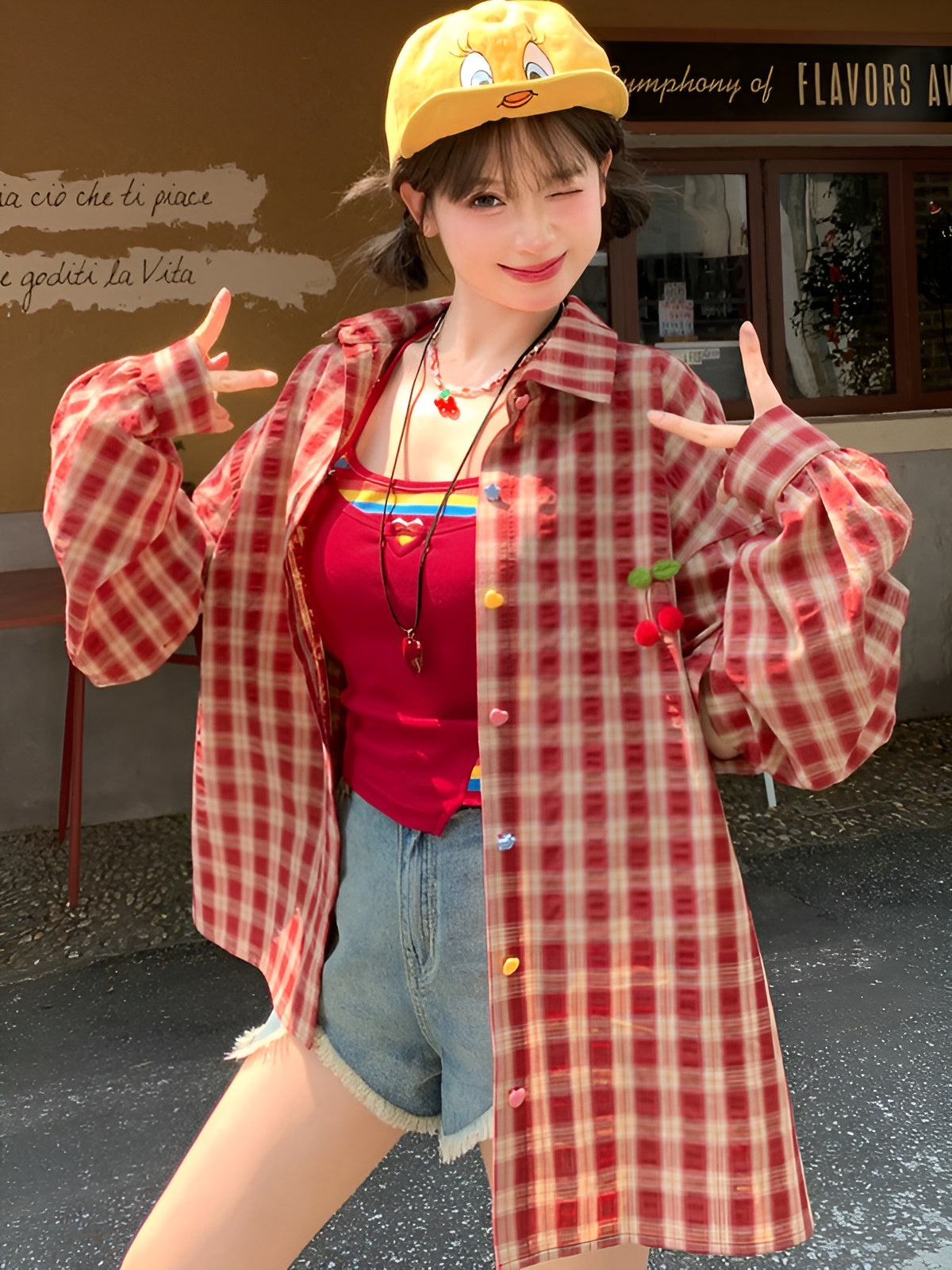 Dopamine Fruit Plaid Shirt Jackets-Tops-ntbhshop