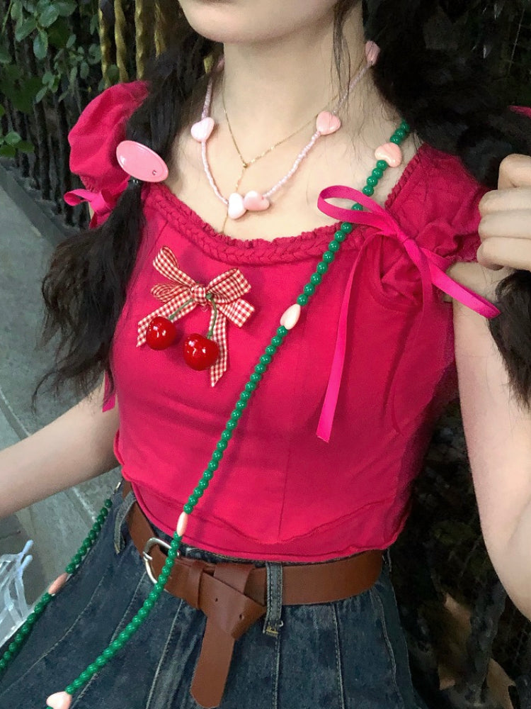 Sweet Dopamine Puff Sleeve Cherry Bow Crop Tops-ntbhshop