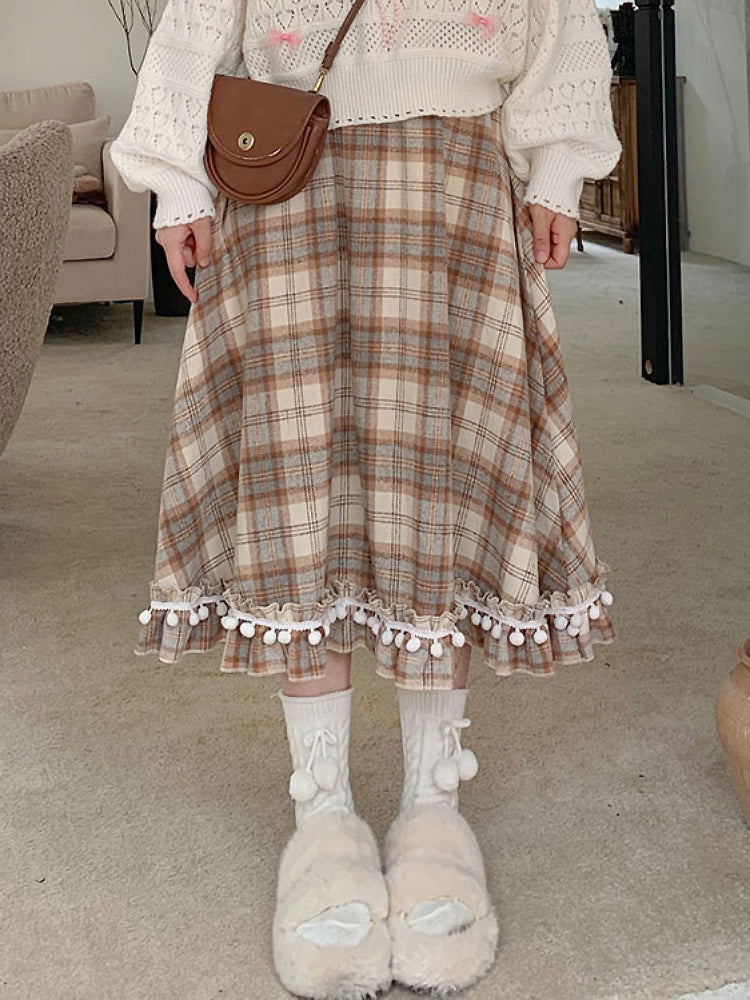 Autumn Plaid Pompom Midi Skirt-ntbhshop