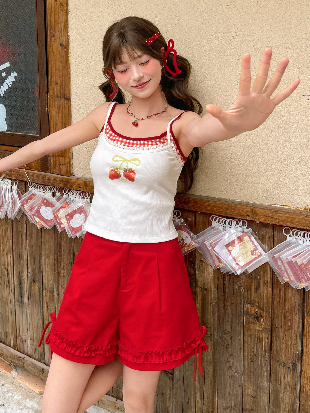 Strawberry Picnic Ribbon Camisole-Tops-ntbhshop