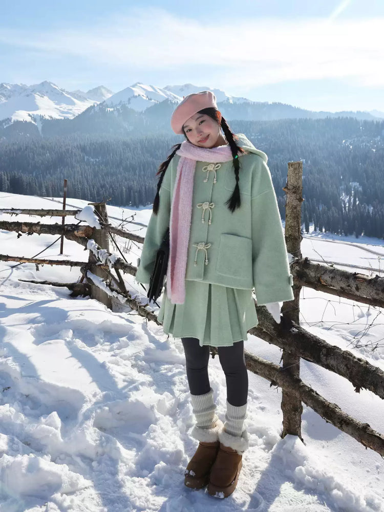 Mint Cloud Woolen Jacket & Pleated Skirt-ntbhshop