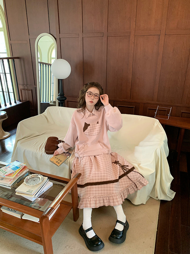 Milk Tea Cat Sweatshirt & Plaid Skirt-ntbhshop