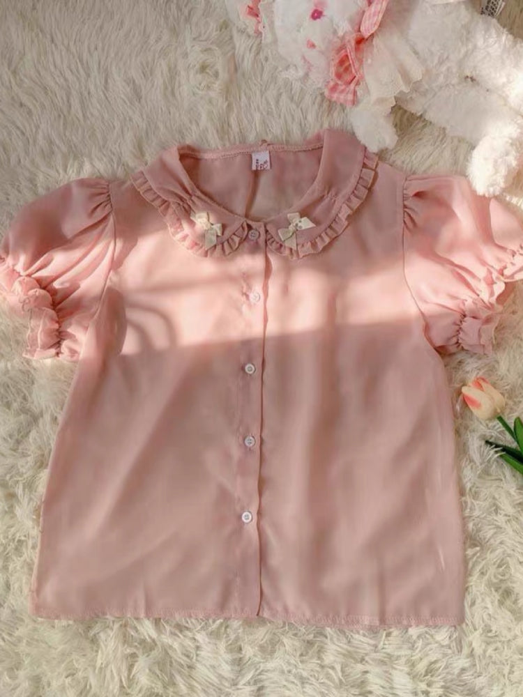 Misty Petal Sheer Bow Doll Collar Blouses-ntbhshop