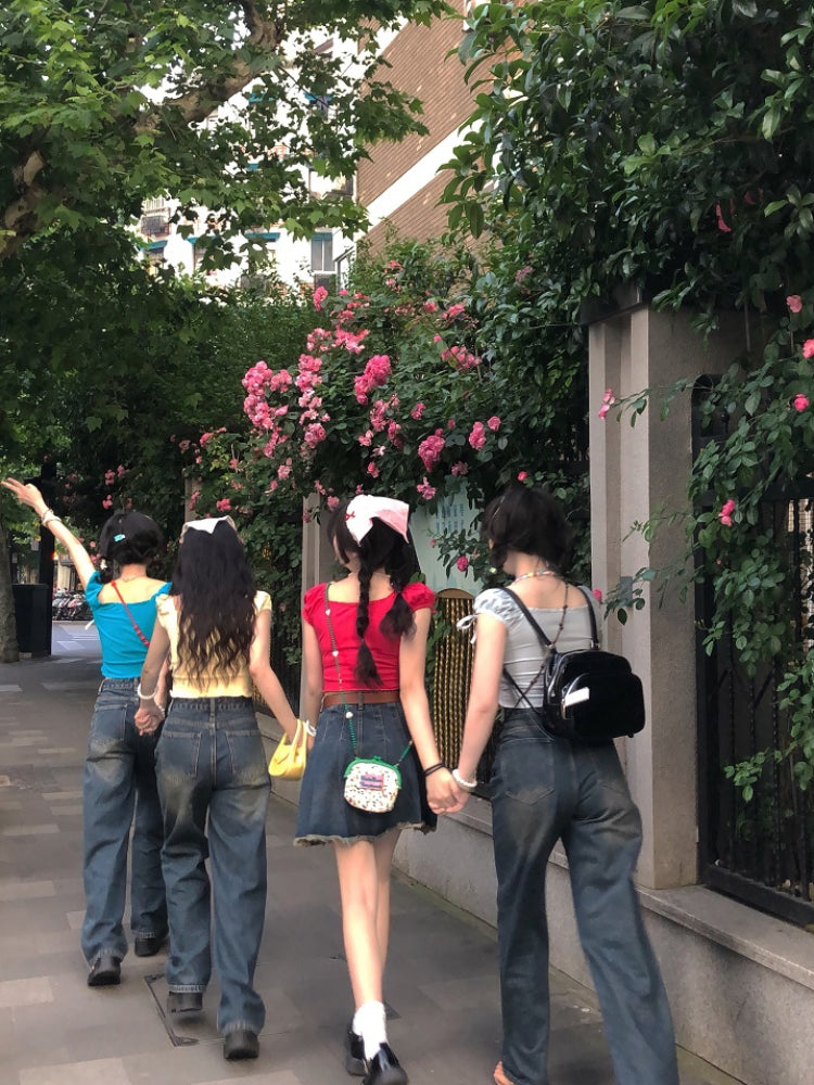 Sweet Dopamine Puff Sleeve Cherry Bow Crop Tops-ntbhshop