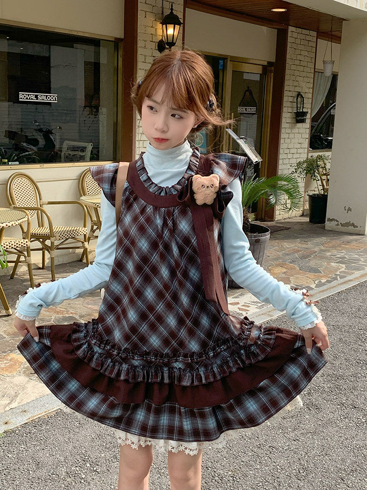 Berry Bear Base Top & Plaid Doll Dress-Sets-ntbhshop