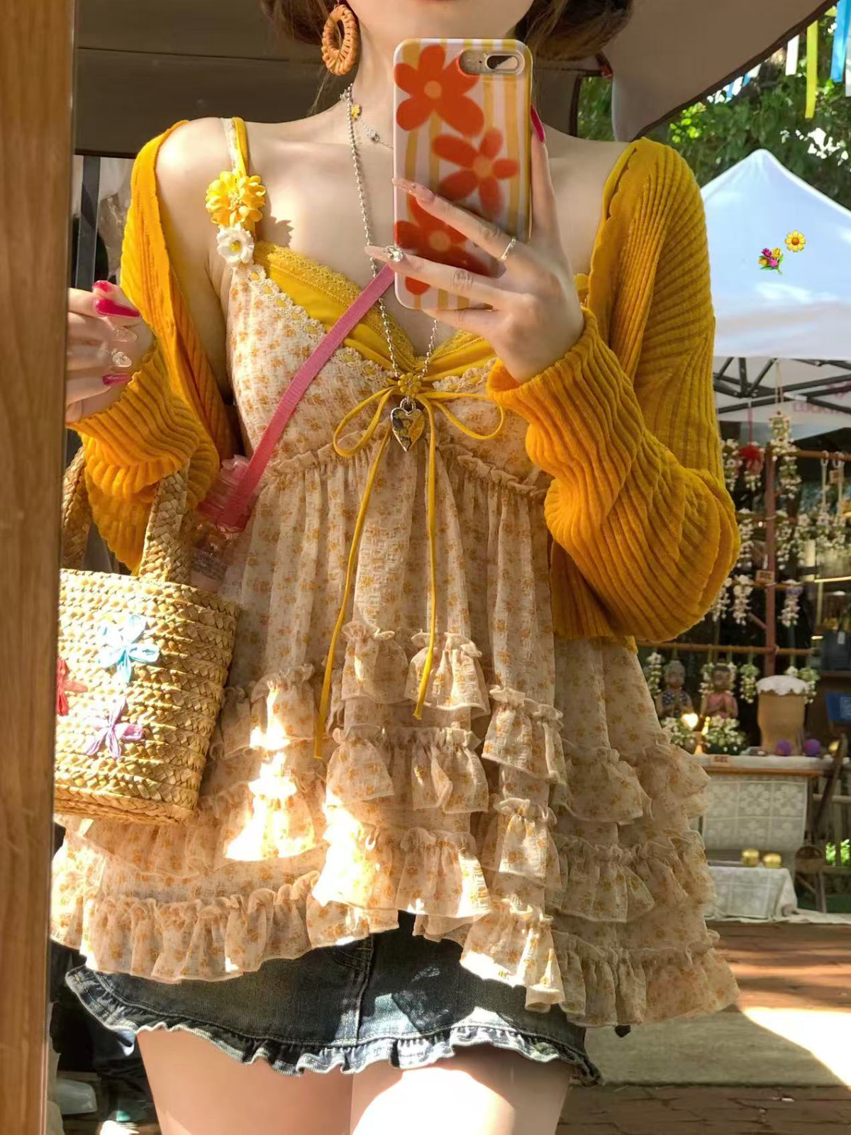 Daisy Pop Denim Skirt-Bottoms-ntbhshop
