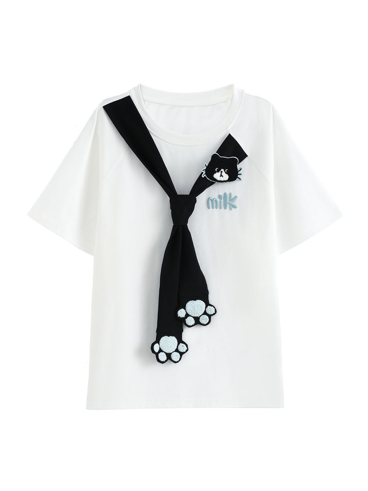 Milk Cat Paw Scarf Tee-Tops-ntbhshop