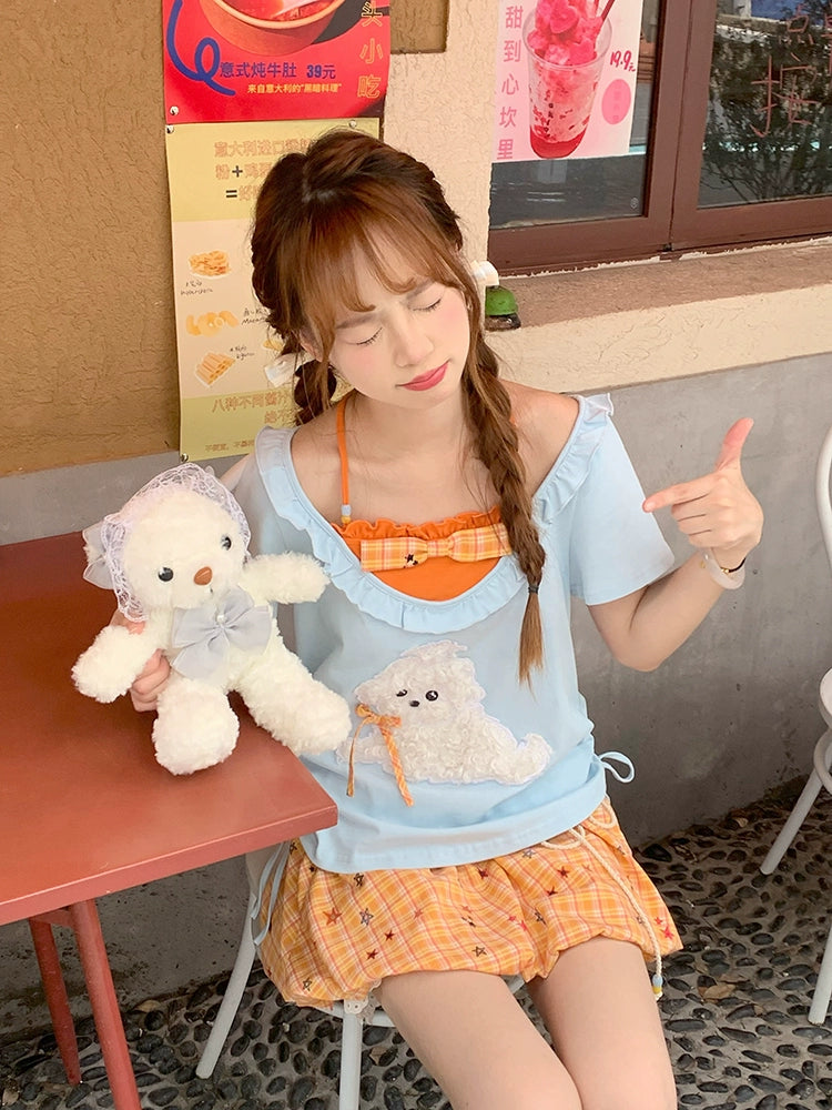 Pumpkin Pop Contrast Halter Tee & Plaid Bubble Skirt-ntbhshop