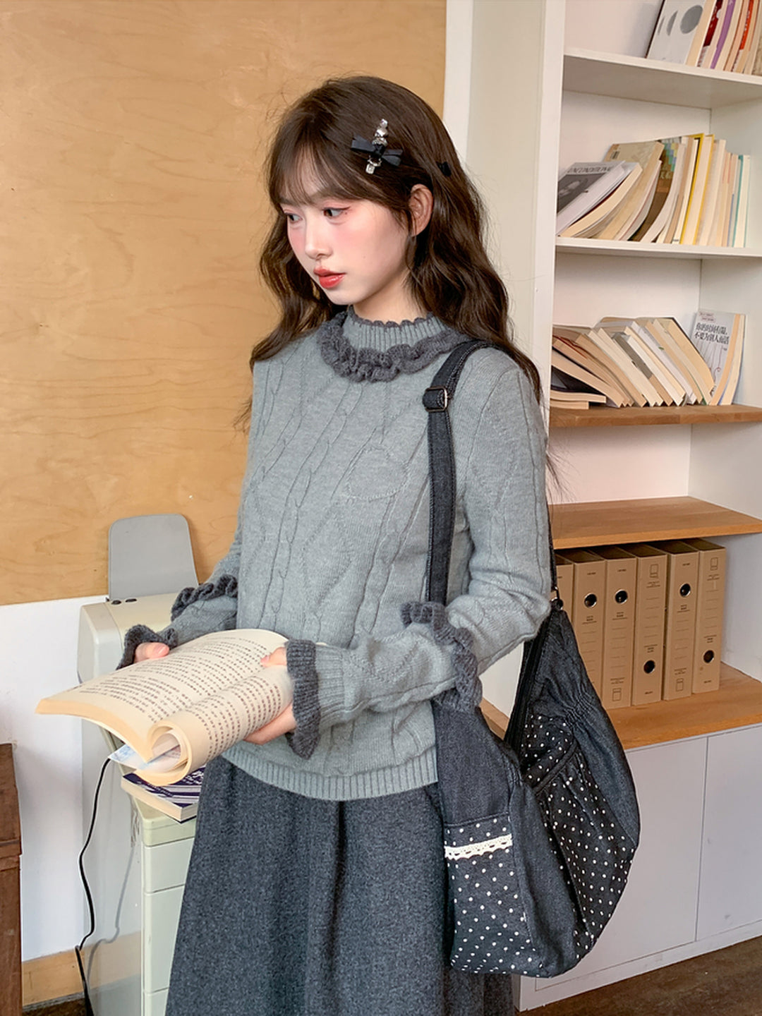 Ink Ruffle Cable Knit Sweater-ntbhshop