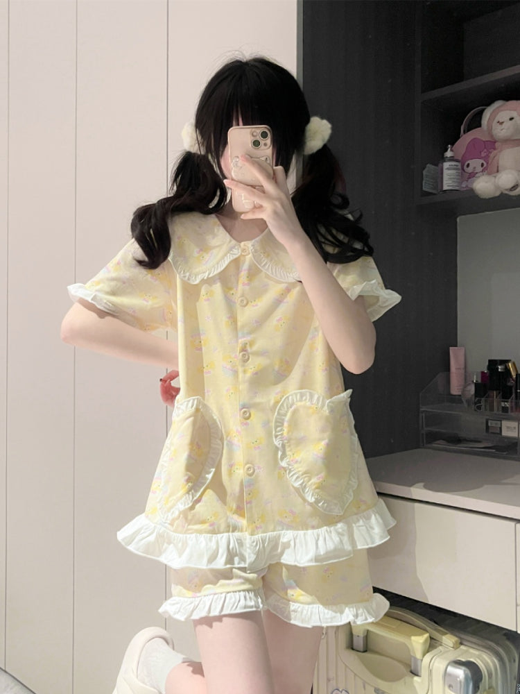 Butter Lemon Cute Ruffle Sleeve Pajamas Sets-ntbhshop