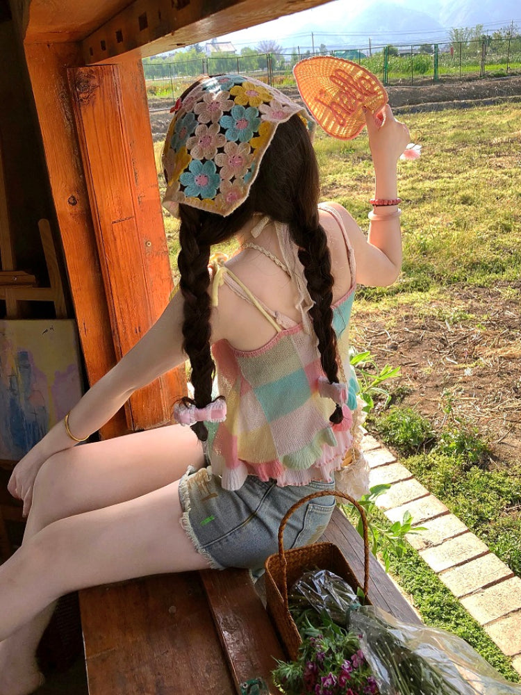 Candy Patch Checkered Flower Knit Vests-ntbhshop