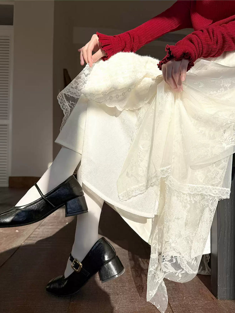 Snow Veil Lace Midi Skirt-Bottoms-ntbhshop