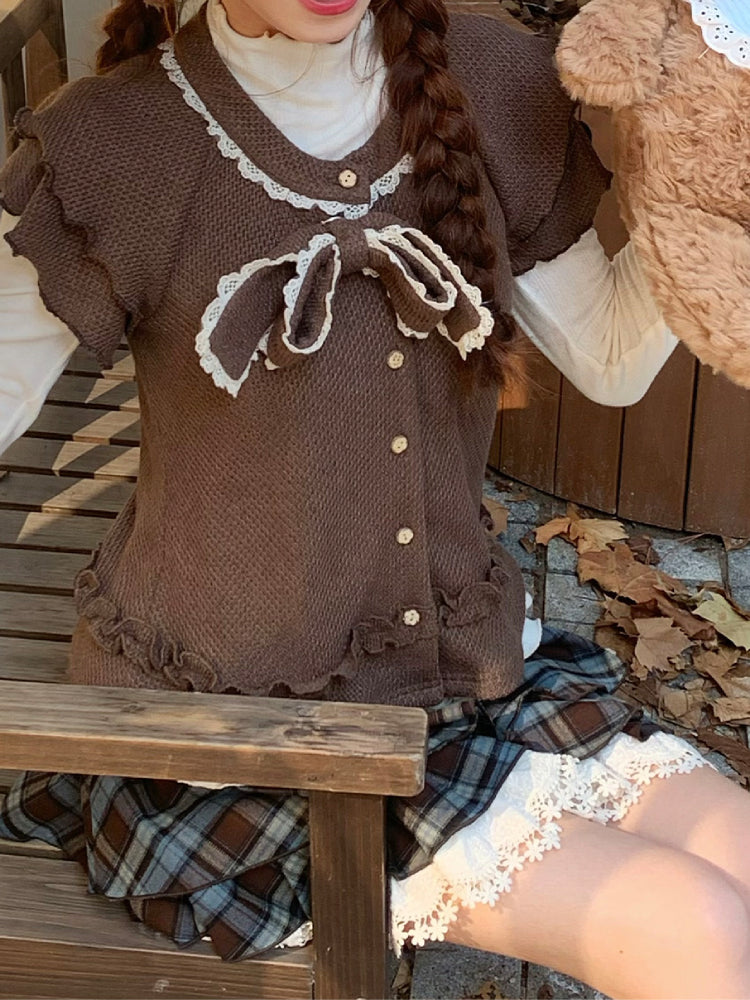 Milk Coffee Bear Vest, Blouse & Skirt-ntbhshop