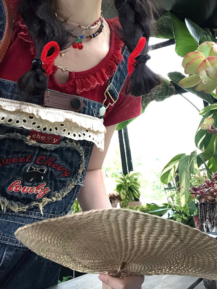 Sweet Cherry Denim Dungaree Dresses-ntbhshop