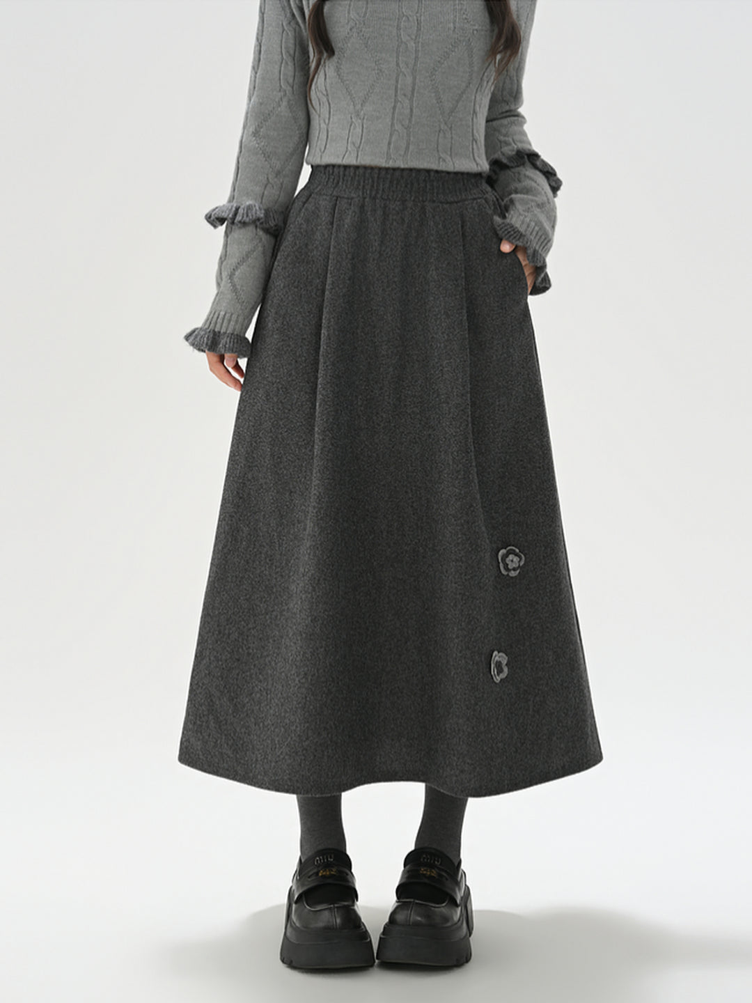 Ink Petal Wool Midi Skirt-ntbhshop