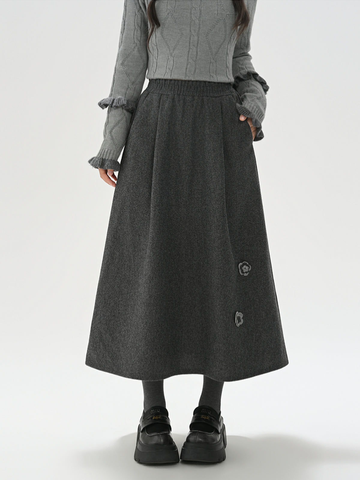 Ink Petal Wool Midi Skirt-ntbhshop