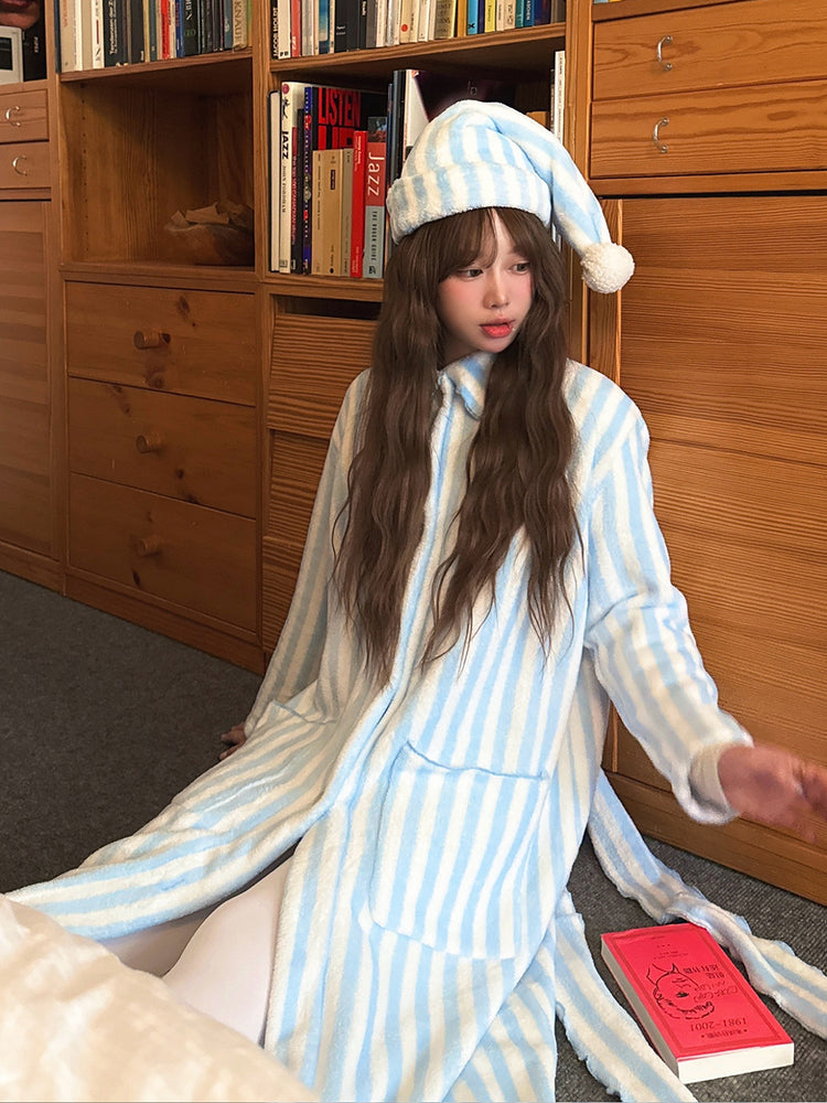 Cloud Stripe Morning Flannel Nightgown-Sets-ntbhshop