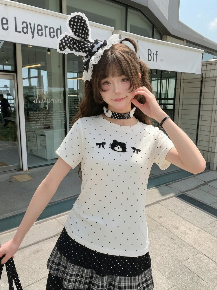 Milk Cat Polka Tees-Tops-ntbhshop
