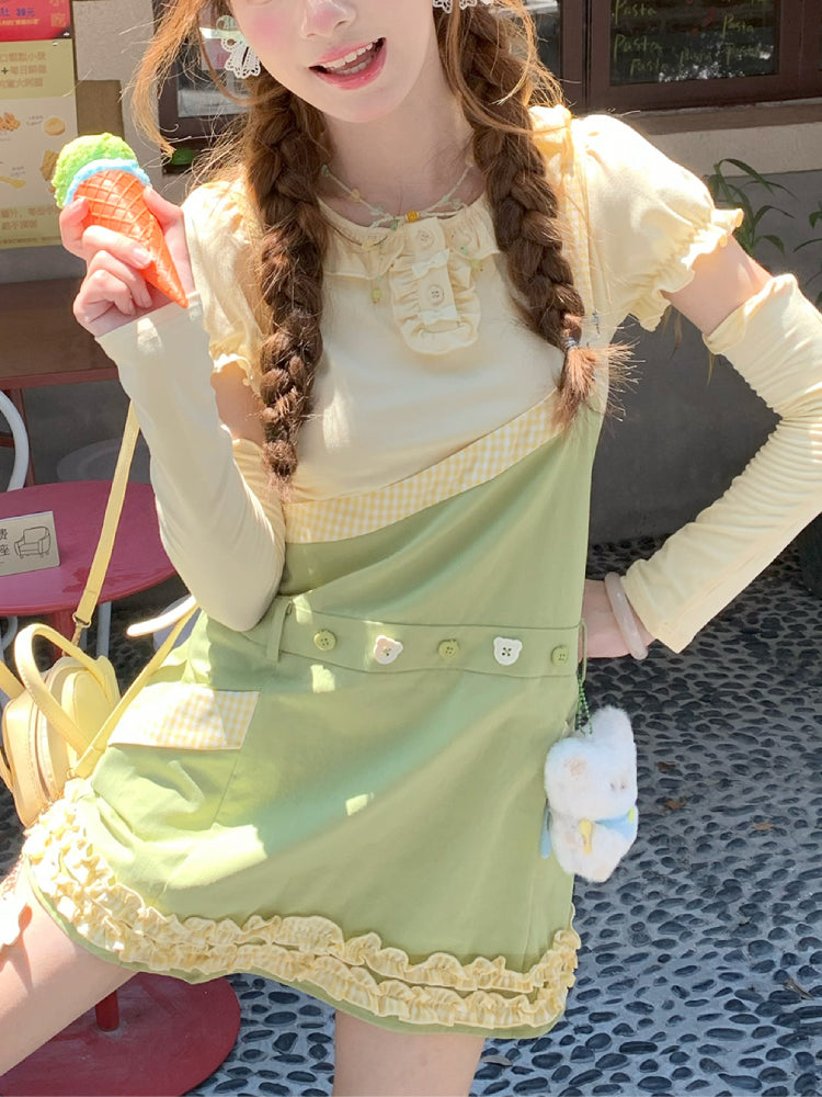 Green Apple Puff Sleeve Blouse & Overall Skirt-ntbhshop