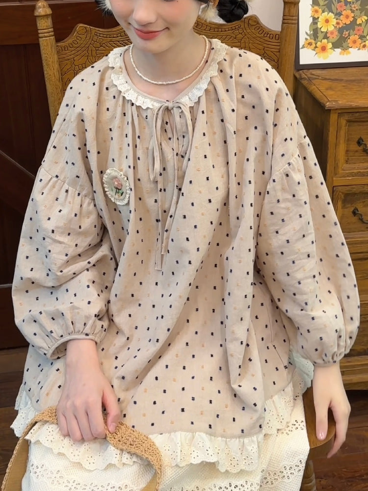 Tea House Dot Lace Collar Blouse-ntbhshop