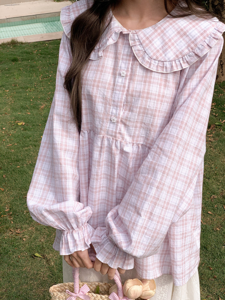 Blush Cloud Plaid Babydoll Blouse-Tops-ntbhshop