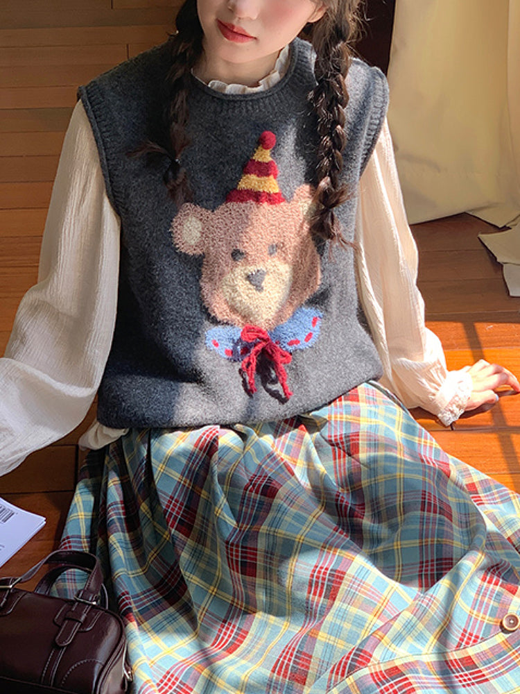 Teddy Picnic Nostalgia Vest & Midi Skirt-ntbhshop