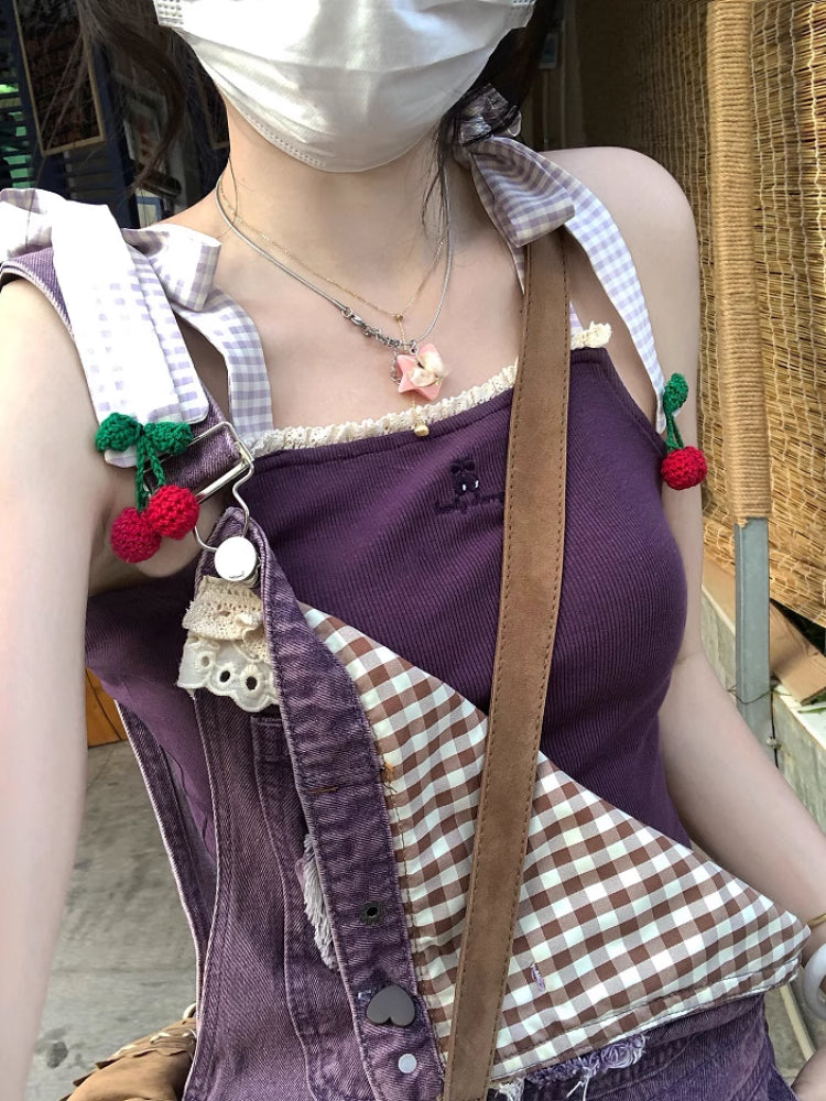 Lovely Cherry Plaid Strap Tops-ntbhshop