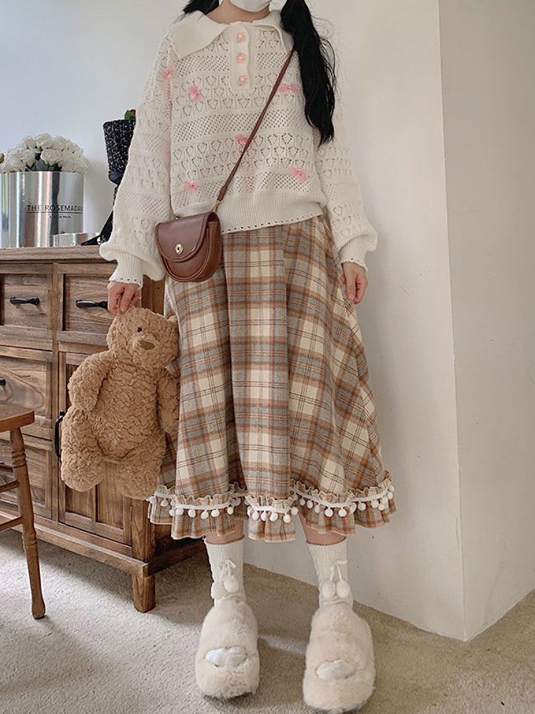 Autumn Plaid Pompom Midi Skirt-ntbhshop