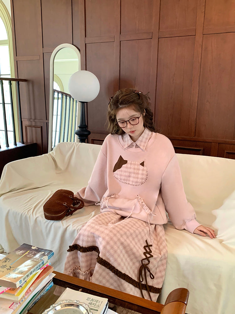 Milk Tea Cat Sweatshirt & Plaid Skirt-ntbhshop