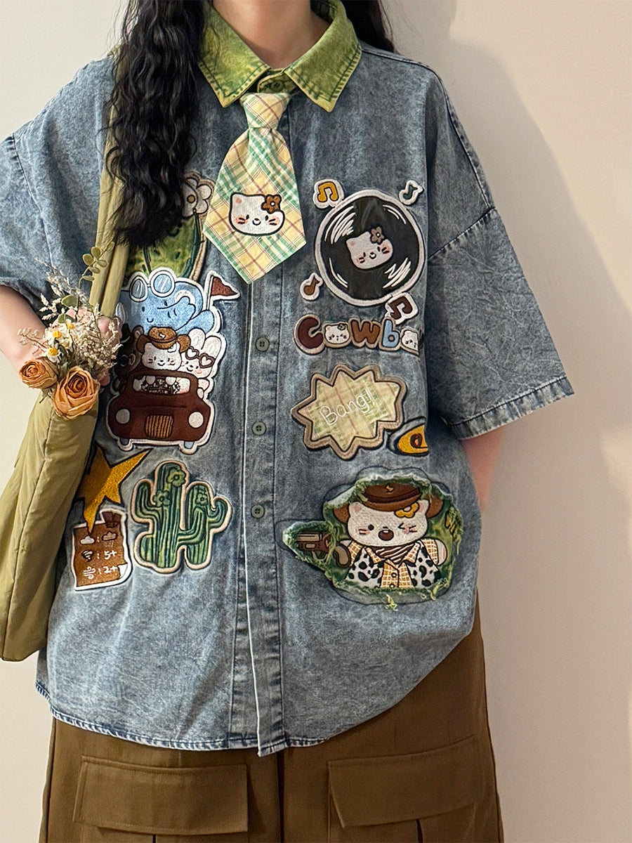 Kitty Patch Denim Tie Shirts-Tops-ntbhshop