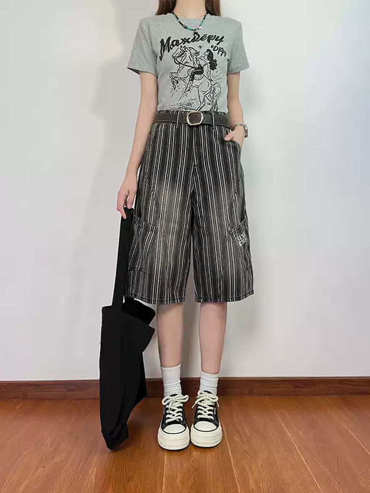 Dusty Ink Stripe Denim Shorts-Bottoms-ntbhshop