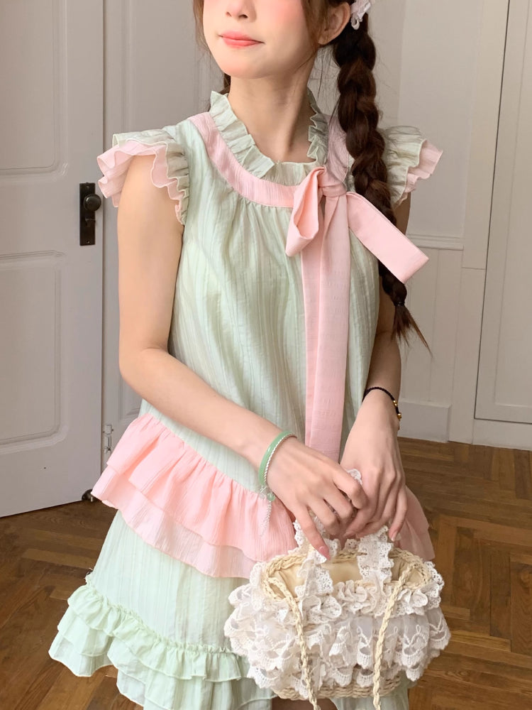 Matcha Sakura Fairy Sleeve Blouse & Cake Skirt-ntbhshop