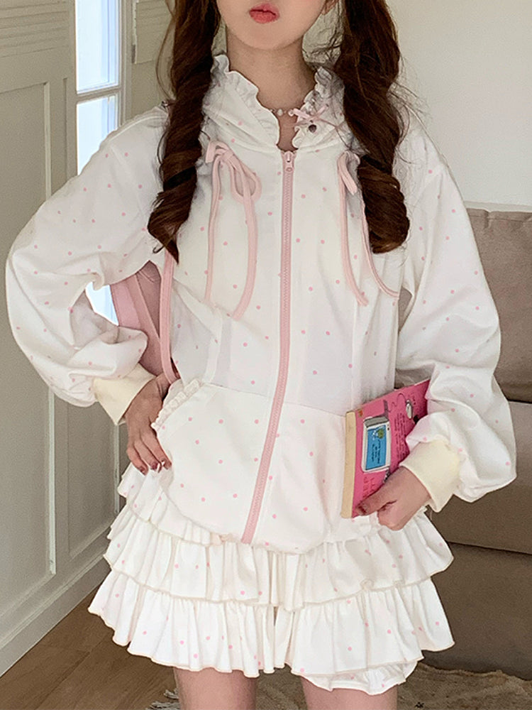 Berry Milkshake Dot Hooded Jacket & Cake Skirt-ntbhshop