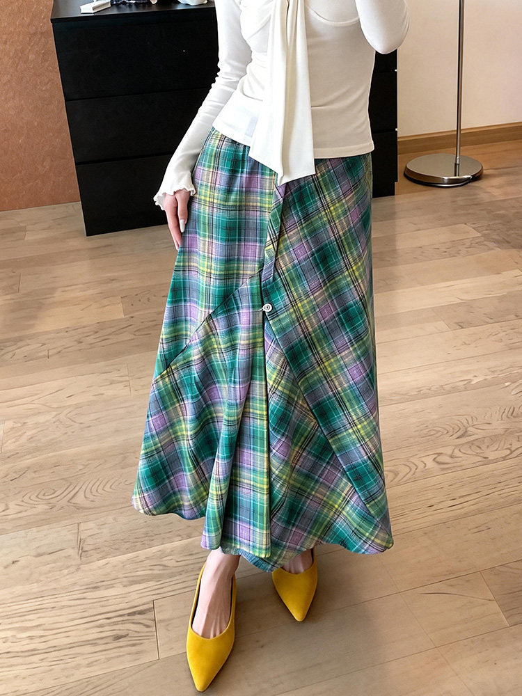 Mint Meadow Plaid Midi Skirt-Bottoms-ntbhshop