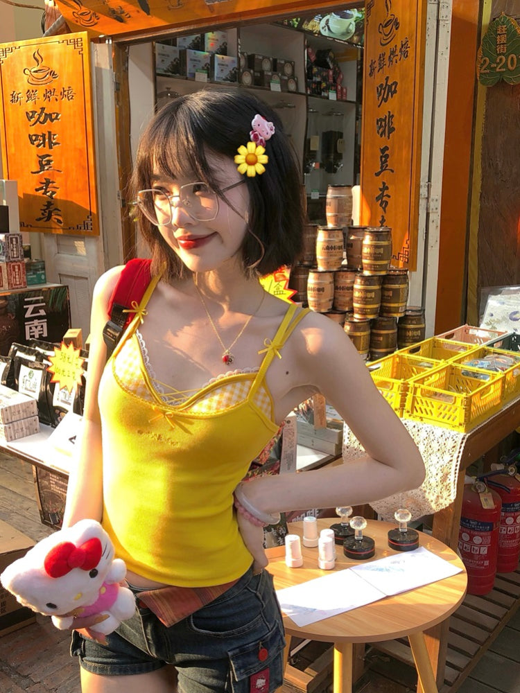 Hot Pop Ribbed Lace-Up Cami & Gingham Bralette Sets-ntbhshop