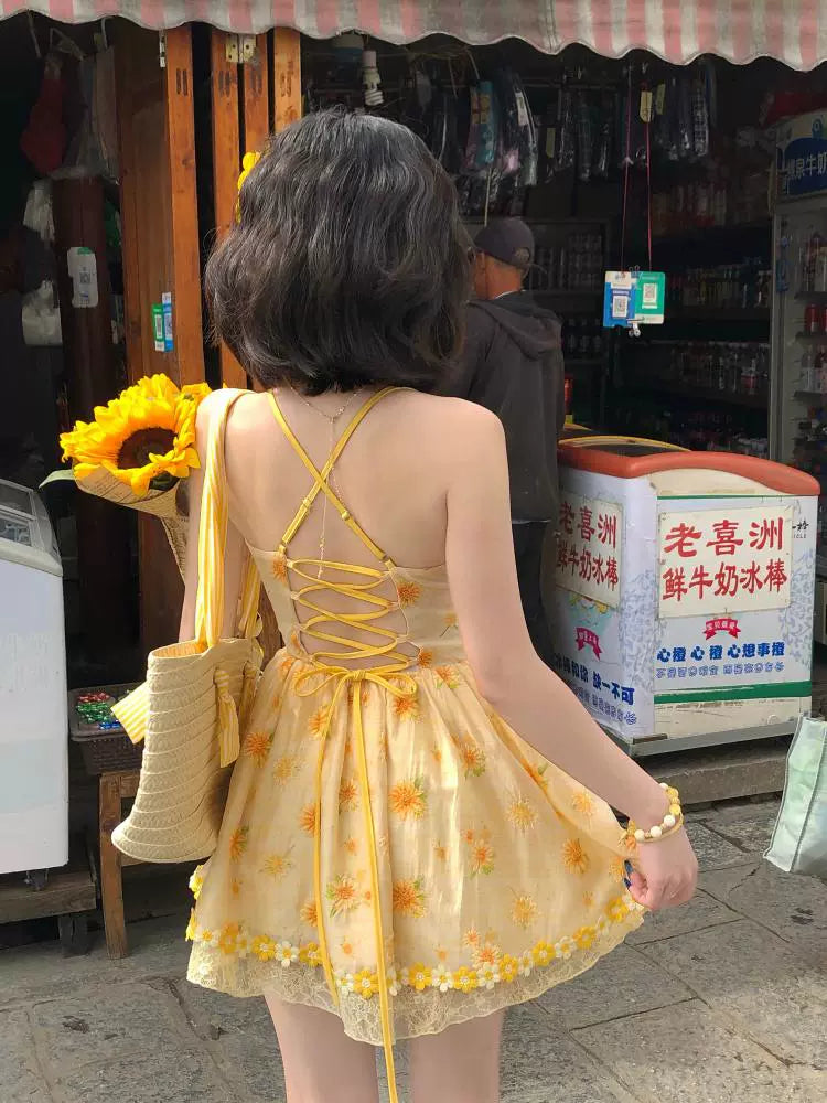 Sunflower Lace-Up Back Summer Dress-ntbhshop