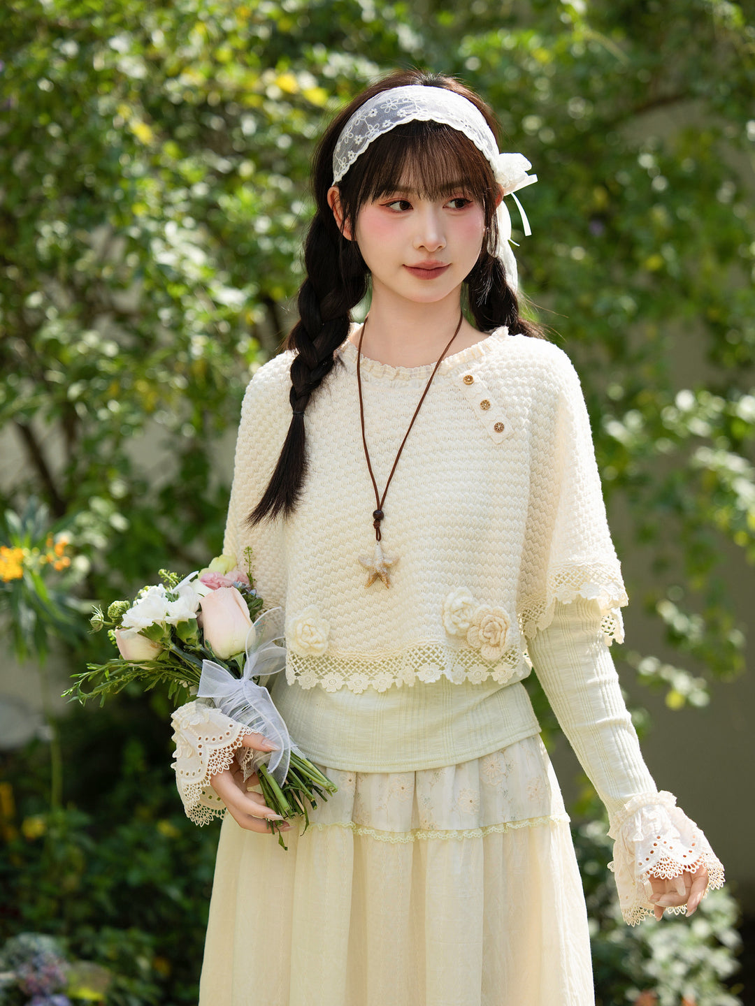 Sage Petal Knit Cape-Outerwear-ntbhshop