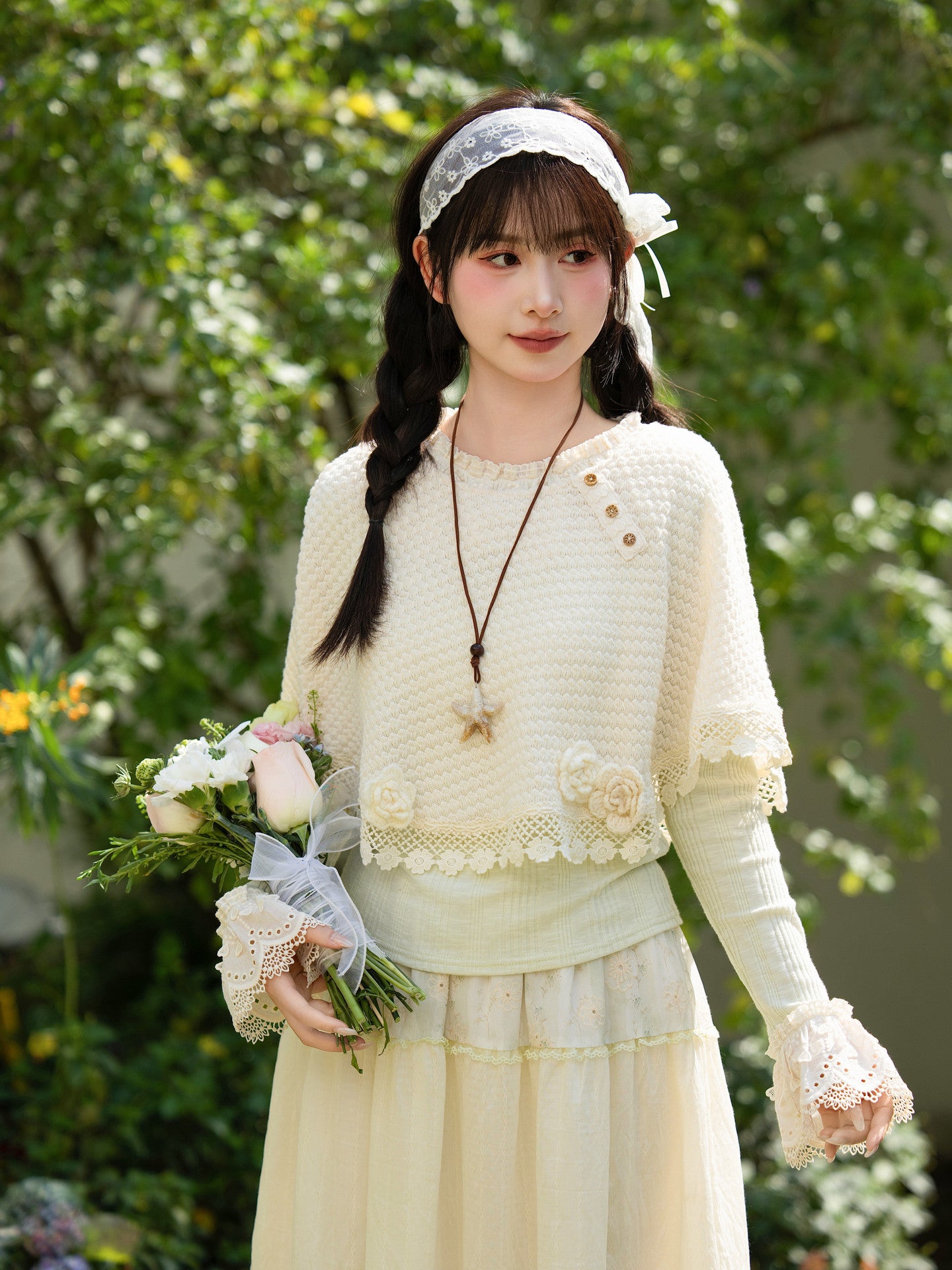 Sage Petal Knit Cape-Outerwear-ntbhshop