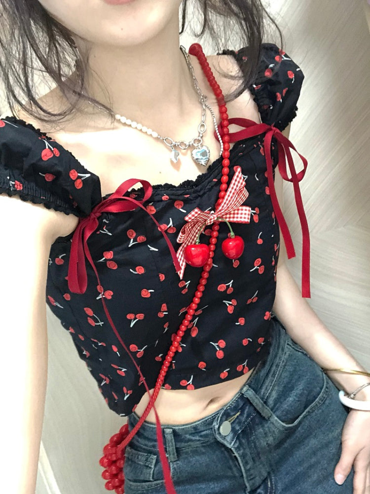 Sweet Dopamine Puff Sleeve Cherry Bow Crop Tops-ntbhshop