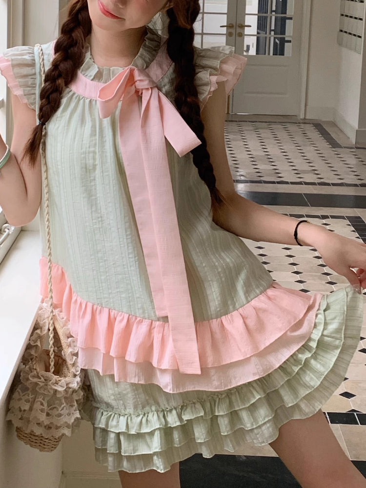 Matcha Sakura Fairy Sleeve Blouse & Cake Skirt-ntbhshop