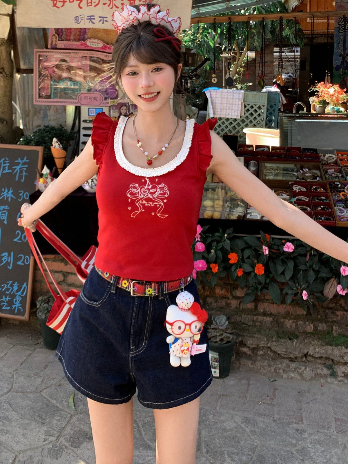 Cherry Ribbon Lace Tank Tops - ntbhshop