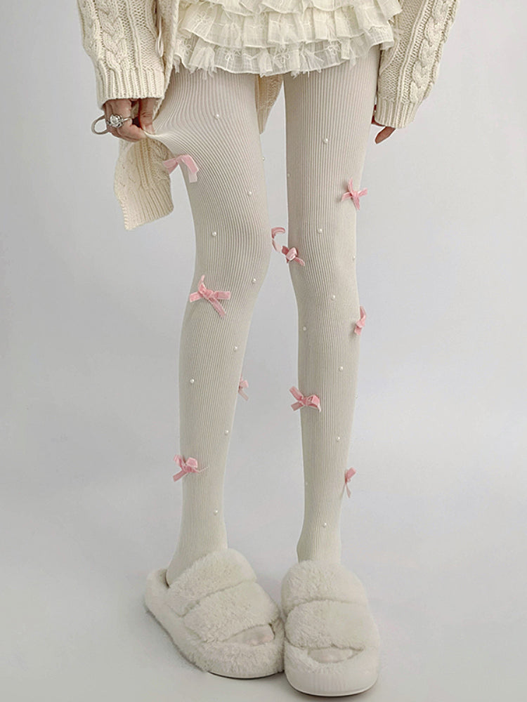 Cream Puff Lolita Bow Pearl Tights-ntbhshop