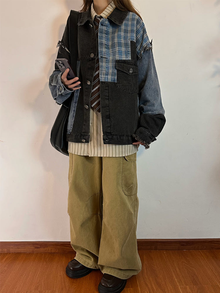 Plaid Clash Denim Patch Jacket-ntbhshop