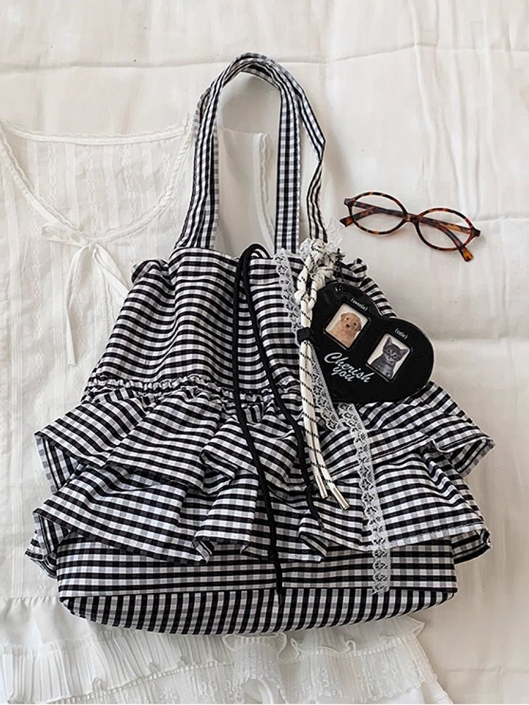 Cloud Check Gingham Ruffle Tote Bags-ntbhshop