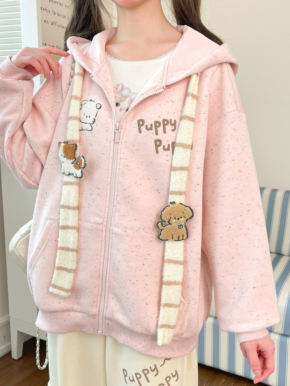 Puppy Scarfy Zip Hoodie-Tops-ntbhshop