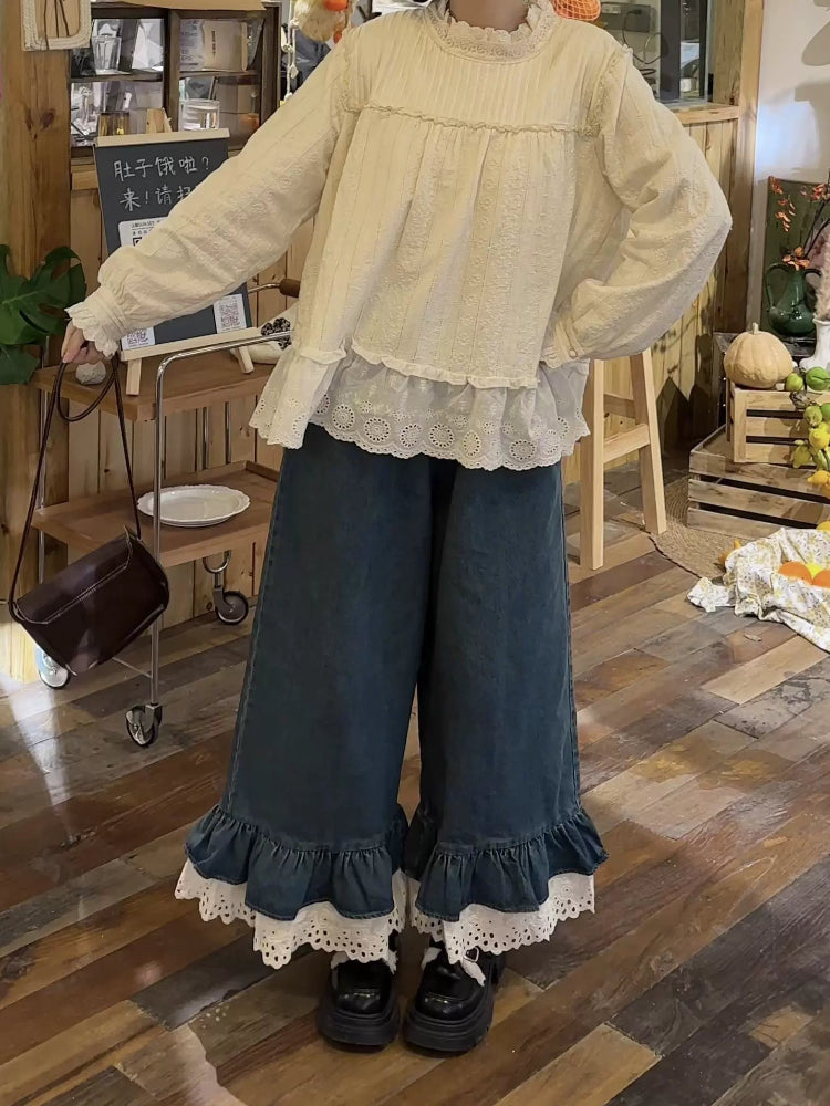 Denim Bloom Lace Flare Jeans-ntbhshop